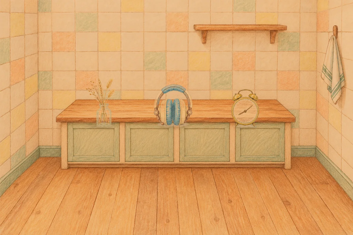 구의동 여성전용 발마사지 안내 그림, 저녁의 부엌 나무 조리대 위에 놓인 마른 풀을 꽂은 항아리, 헤드폰, 둥근 알람시계