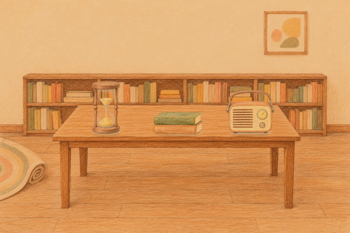 구의동 여성전용 부종 케어 안내 그림, 저녁의 서재 긴 책상 위에 놓인 모래시계, 책 두 권, 작은 라디오