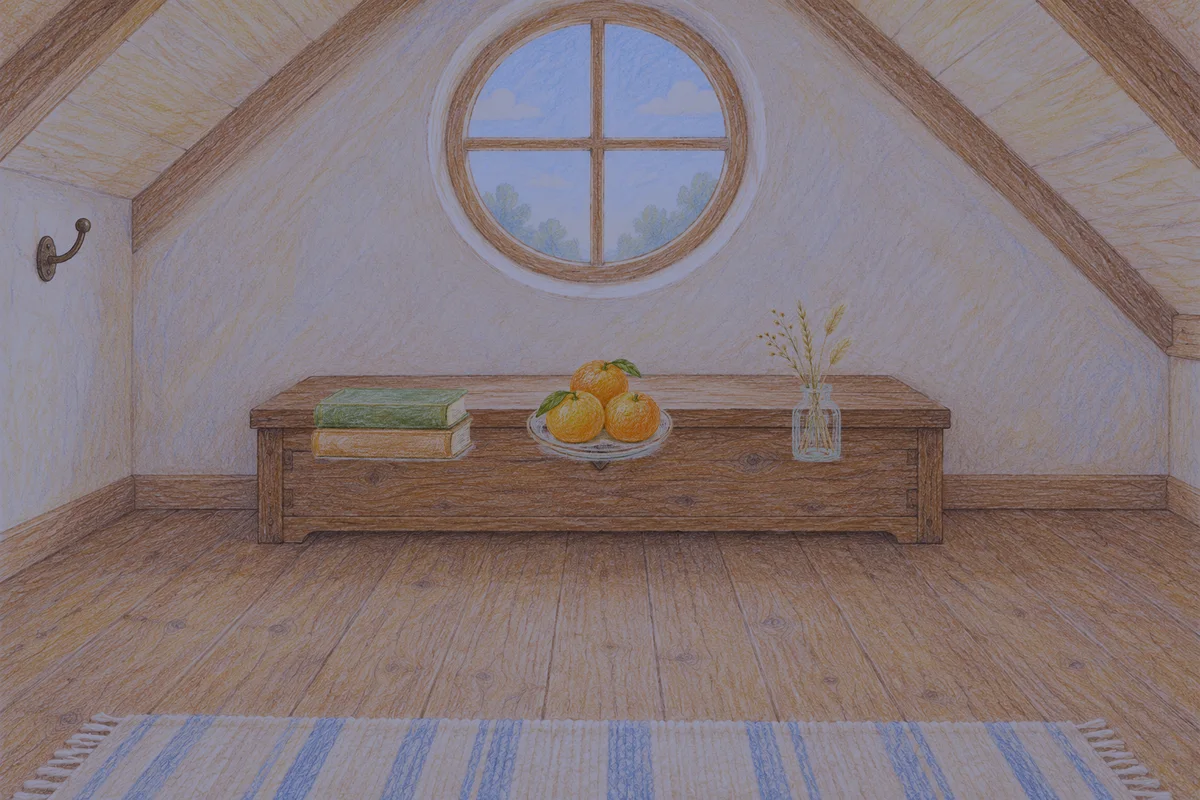 구의동 여성전용 디톡스 마사지 안내 그림, 밤의 다락방 나무 궤짝 위에 놓인 책 두 권, 귤이 담긴 접시, 마른 풀을 꽂은 항아리