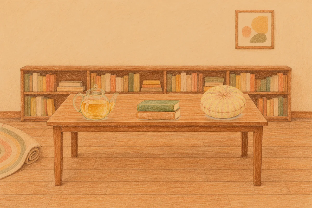 구의동 여성전용 두통 완화 마사지 안내 그림, 저녁의 서재 긴 책상 위에 놓인 유리 티포트, 책 두 권, 둥근 쿠션