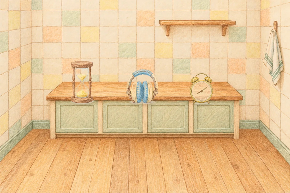 구의동 여성전용 얼굴 마사지 안내 그림, 낮의 부엌 나무 조리대 위에 놓인 모래시계, 헤드폰, 둥근 알람시계