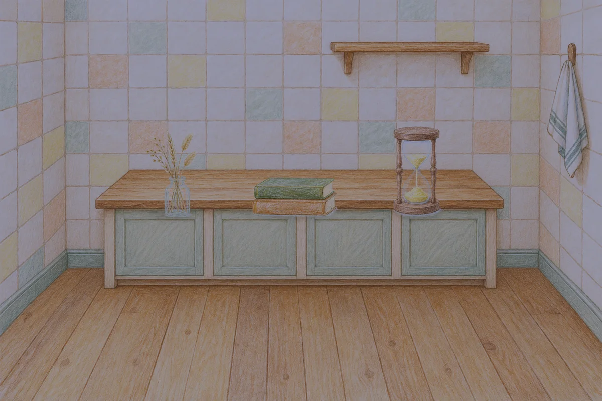 구의동 여성전용 브라이덜 케어 안내 그림, 밤의 부엌 나무 조리대 위에 놓인 마른 풀을 꽂은 항아리, 책 두 권, 모래시계
