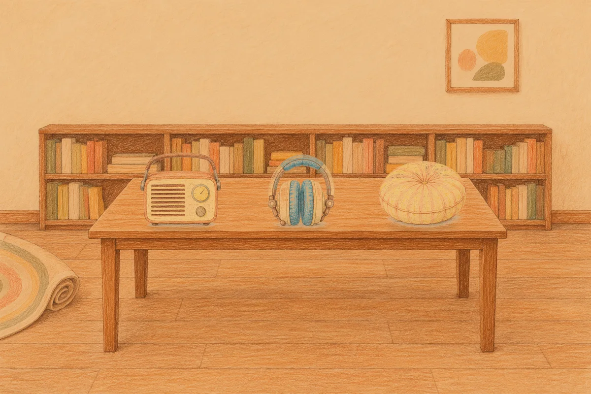 구의동 여성전용 샵 마사지 안내 그림, 저녁의 서재 긴 책상 위에 놓인 작은 라디오, 헤드폰, 둥근 쿠션