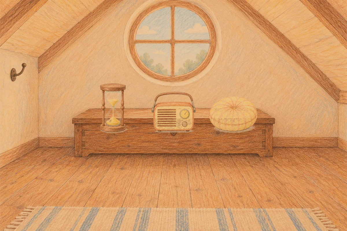 구의동 여성전용 출장 마사지 후기 안내 그림, 저녁의 다락방 나무 궤짝 위에 놓인 모래시계, 작은 라디오, 둥근 쿠션