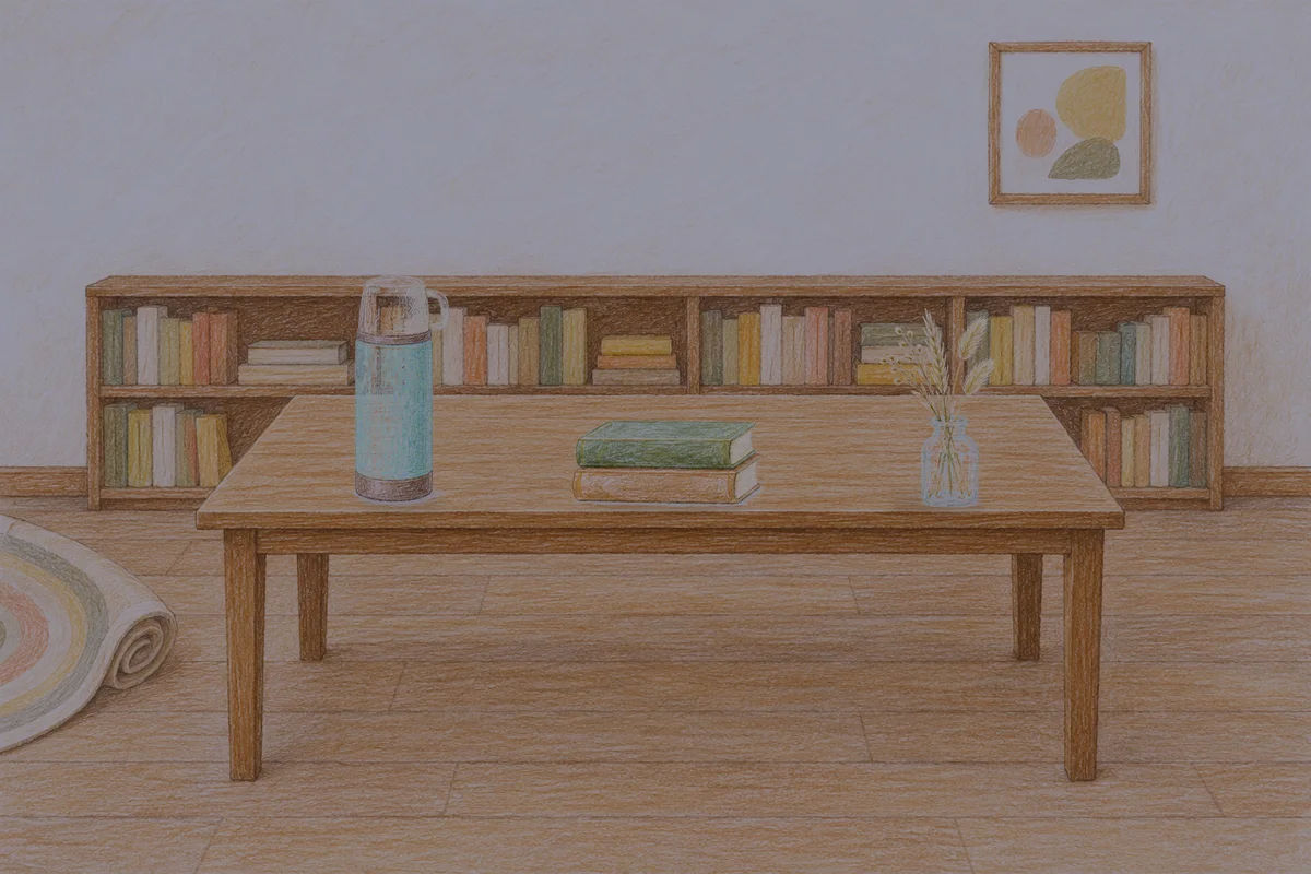 광장동 여성전용 아로마 마사지 안내 그림, 밤의 서재 긴 책상 위에 놓인 보온병, 책 두 권, 마른 풀을 꽂은 항아리