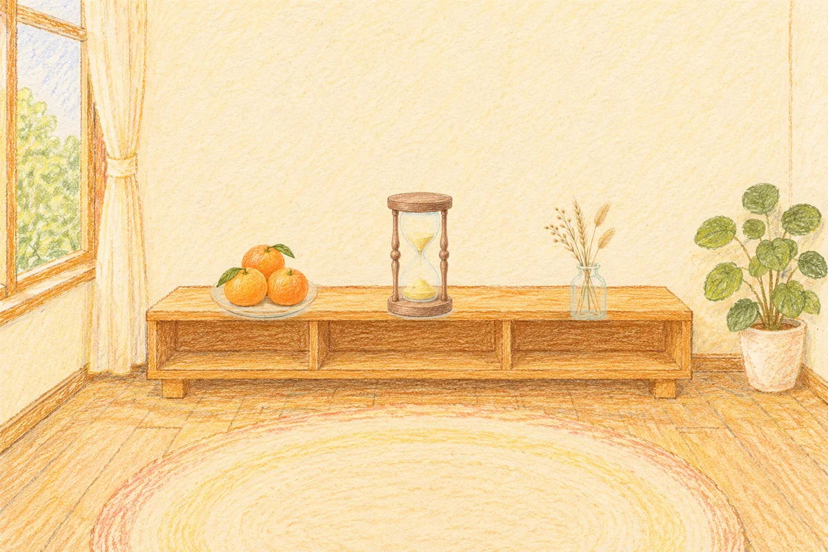 광장동 여성전용 아로마테라피 안내 그림, 낮의 창가 낮은 선반 위에 놓인 귤이 담긴 접시, 모래시계, 마른 풀을 꽂은 항아리