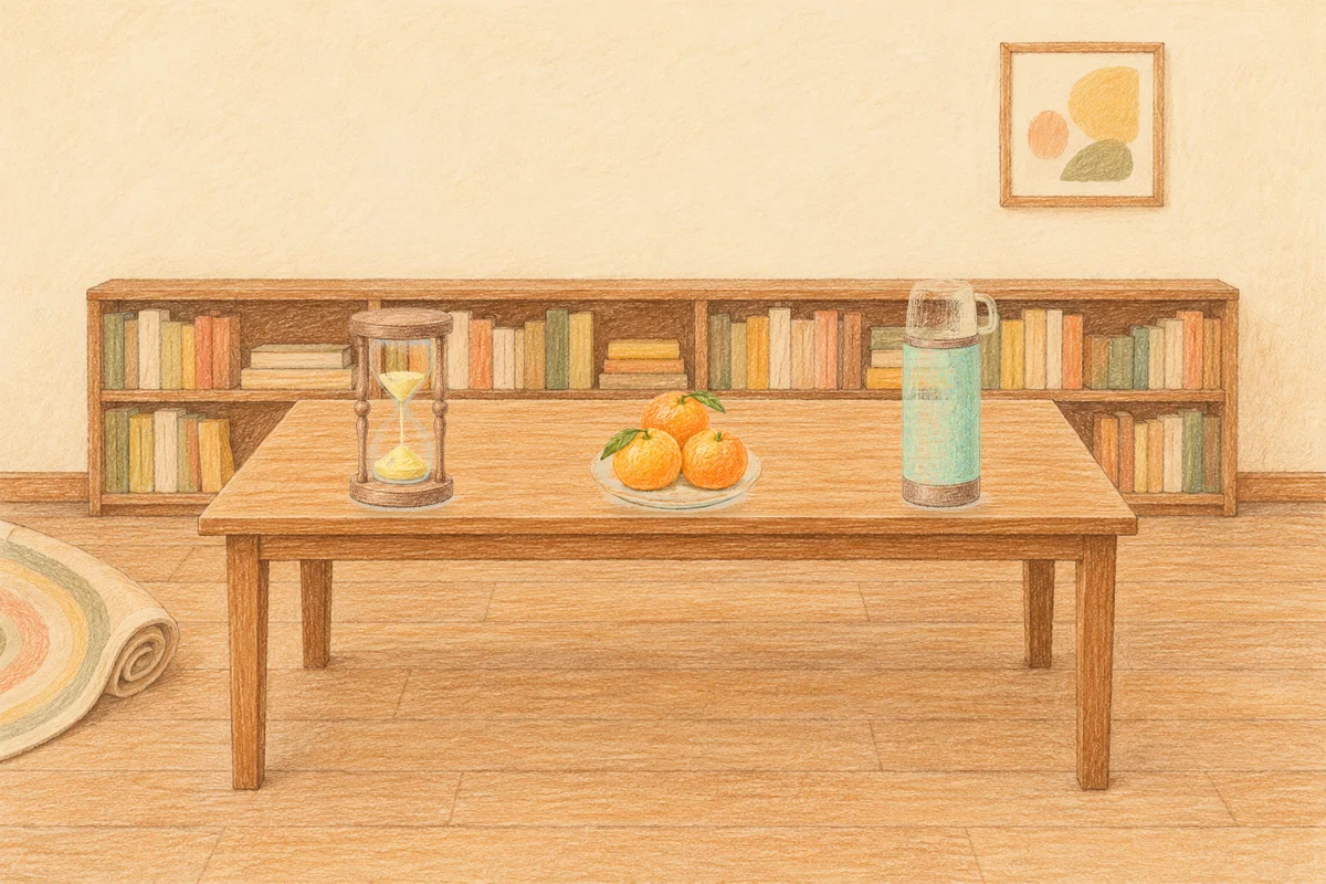 광장동 여성전용 프리미엄 스웨디시 안내 그림, 낮의 서재 긴 책상 위에 놓인 모래시계, 귤이 담긴 접시, 보온병