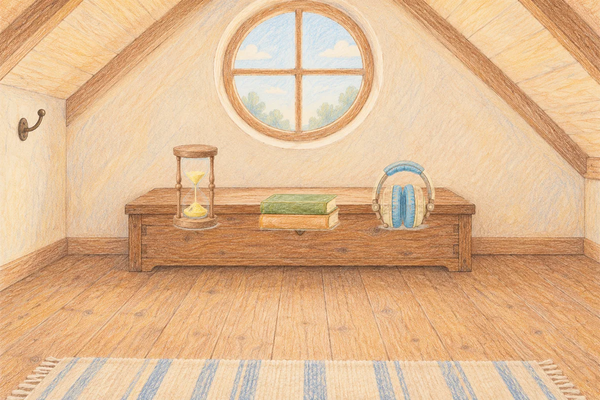 광장동 여성전용 스웨디시 후기 안내 그림, 낮의 다락방 나무 궤짝 위에 놓인 모래시계, 책 두 권, 헤드폰