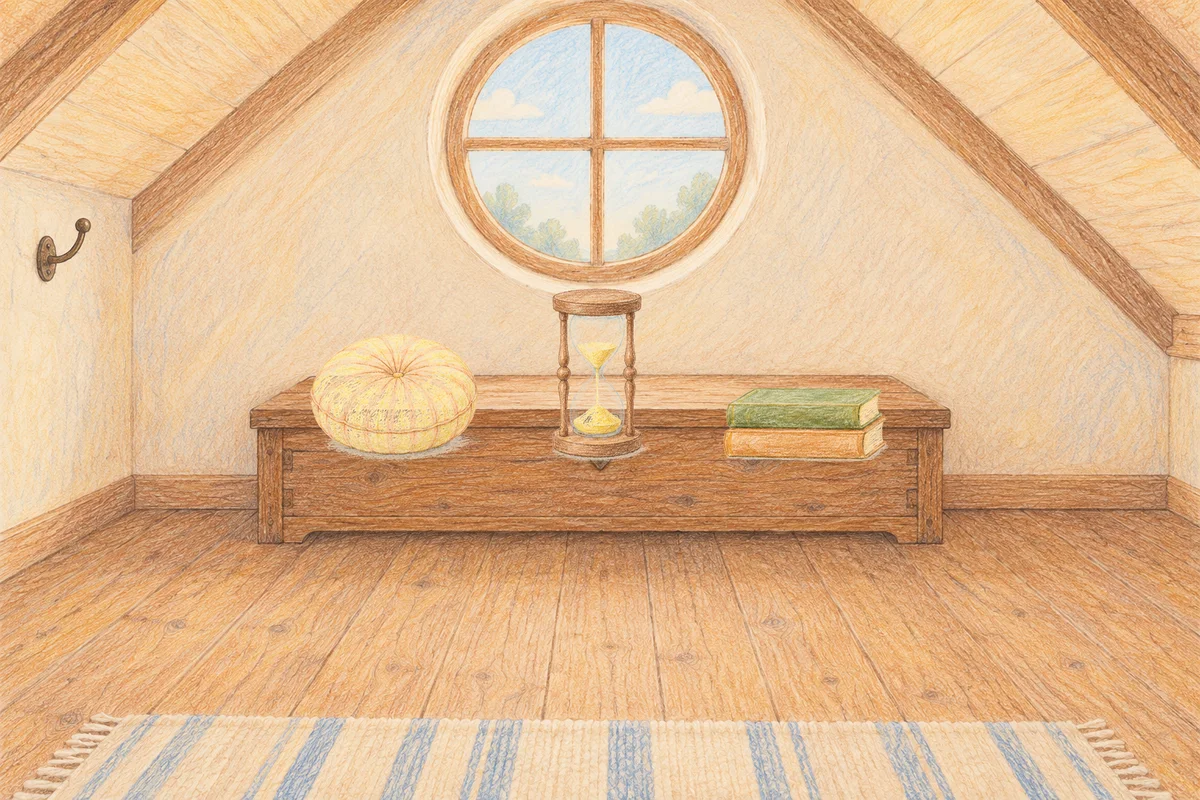 광장동 여성전용 스웨디시 추천 안내 그림, 낮의 다락방 나무 궤짝 위에 놓인 둥근 쿠션, 모래시계, 책 두 권