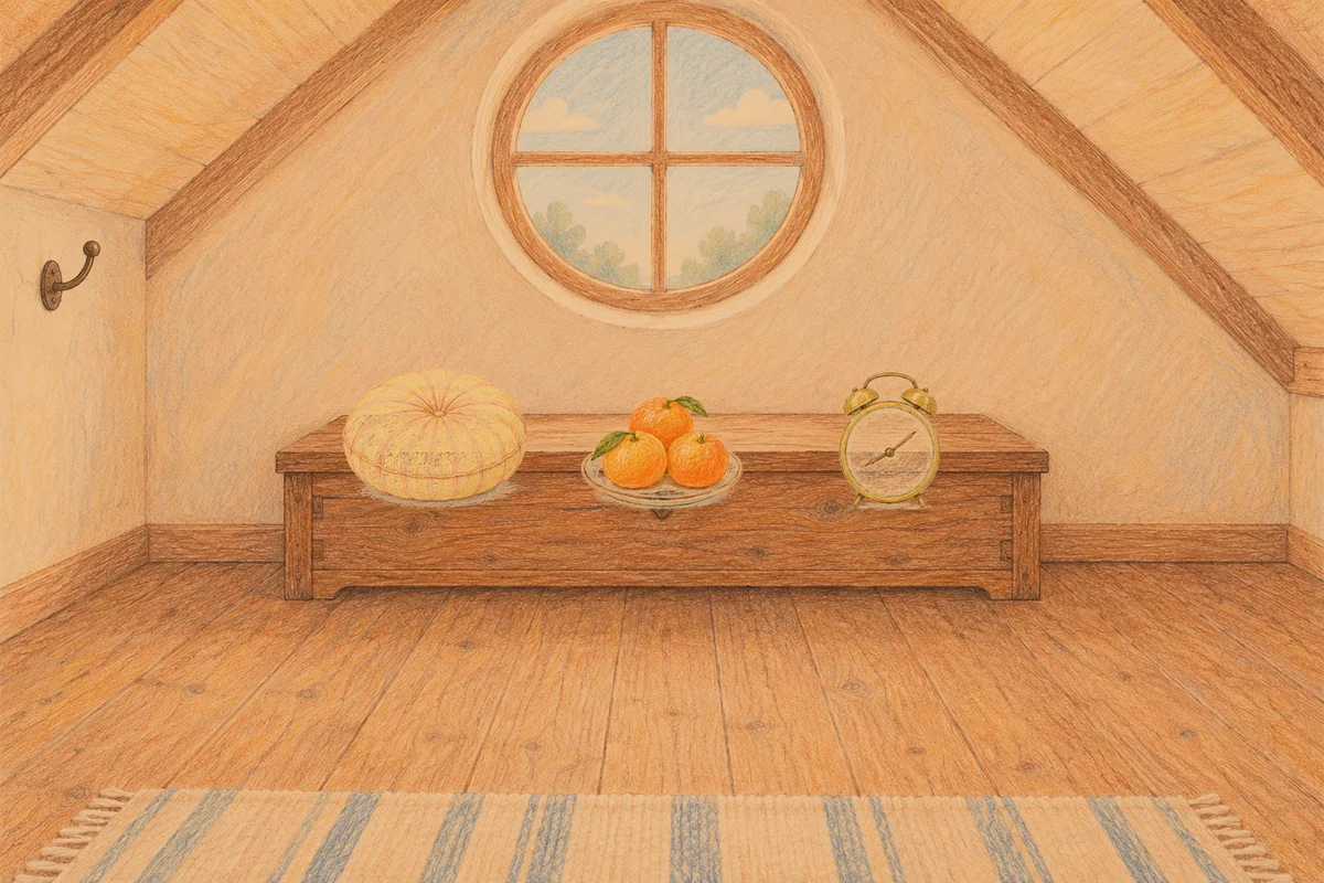 광장동 여성전용 얼굴 경락 안내 그림, 저녁의 다락방 나무 궤짝 위에 놓인 둥근 쿠션, 귤이 담긴 접시, 둥근 알람시계