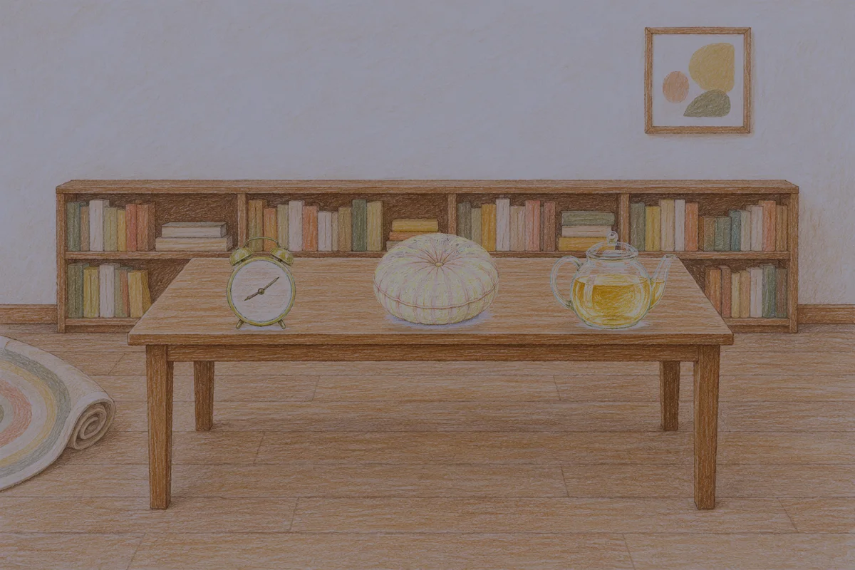 광장동 여성전용 경락마사지 후기 안내 그림, 밤의 서재 긴 책상 위에 놓인 둥근 알람시계, 둥근 쿠션, 유리 티포트