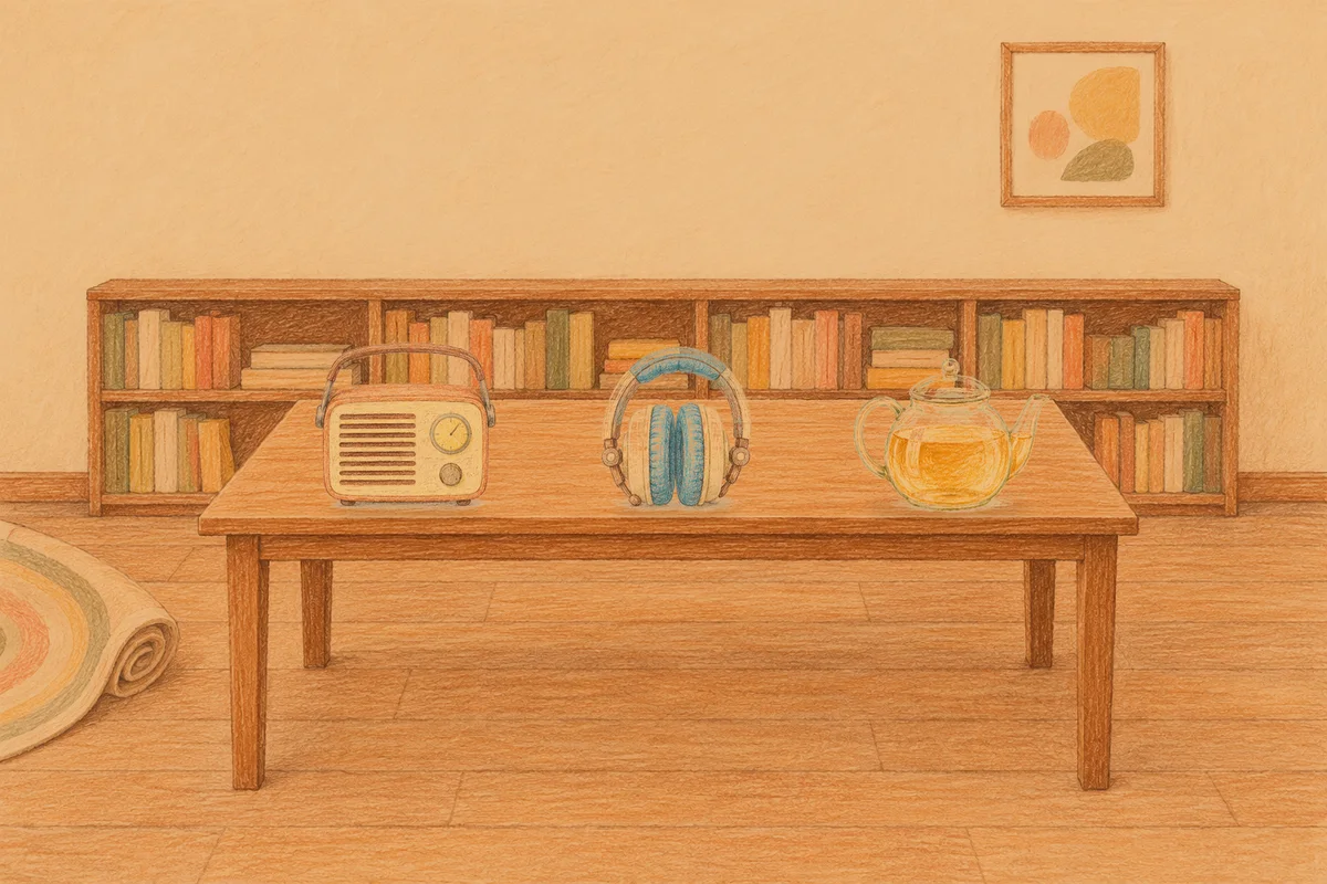 광장동 여성전용 경락 가격 안내 그림, 저녁의 서재 긴 책상 위에 놓인 작은 라디오, 헤드폰, 유리 티포트