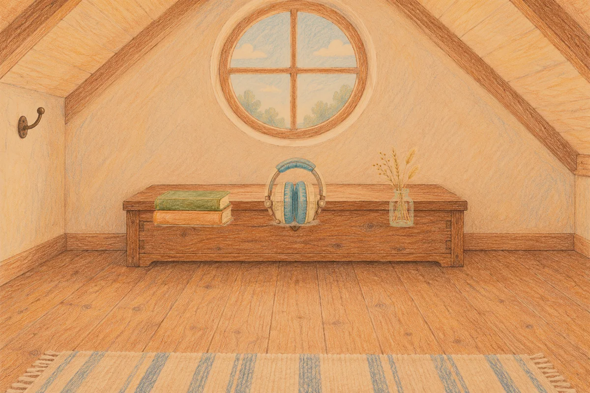 광장동 여성전용 홈케어 안내 그림, 저녁의 다락방 나무 궤짝 위에 놓인 책 두 권, 헤드폰, 마른 풀을 꽂은 항아리