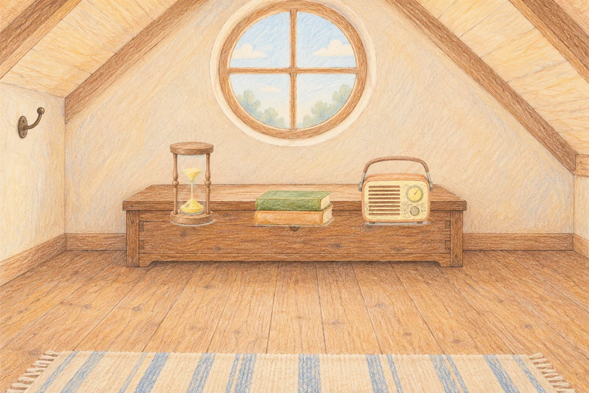 광장동 여성전용 방문 홈케어 안내 그림, 낮의 다락방 나무 궤짝 위에 놓인 모래시계, 책 두 권, 작은 라디오