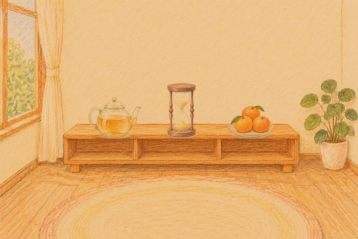 광장동 여성전용 1인샵 안내 그림, 저녁의 창가 낮은 선반 위에 놓인 유리 티포트, 모래시계, 귤이 담긴 접시
