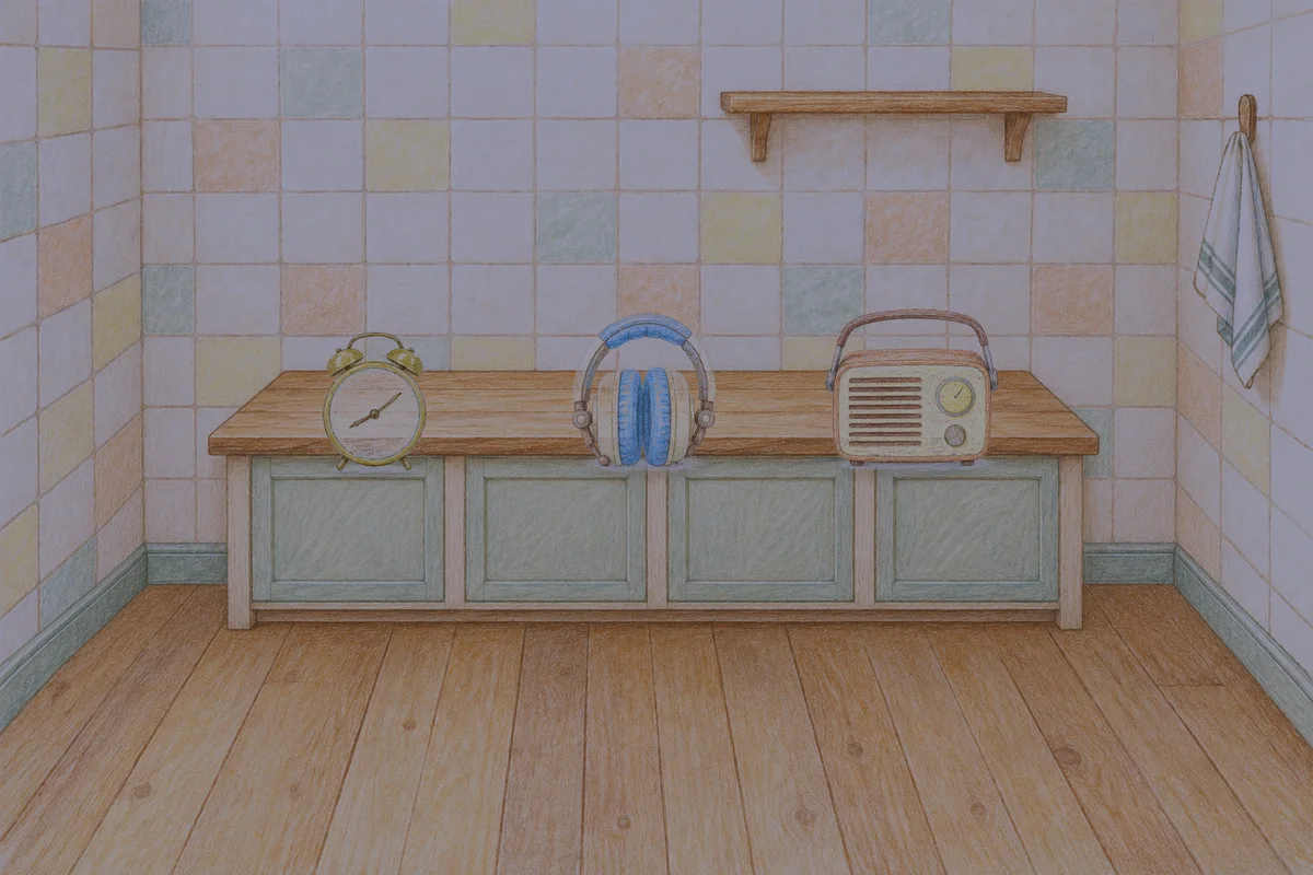광장동 여성전용 홈케어 후기 안내 그림, 밤의 부엌 나무 조리대 위에 놓인 둥근 알람시계, 헤드폰, 작은 라디오