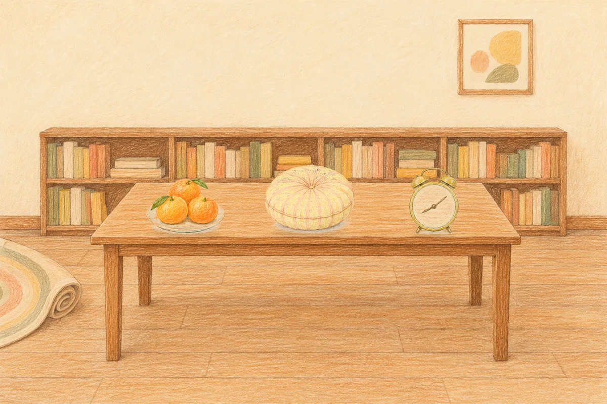 광장동 여성전용 발관리 안내 그림, 낮의 서재 긴 책상 위에 놓인 귤이 담긴 접시, 둥근 쿠션, 둥근 알람시계