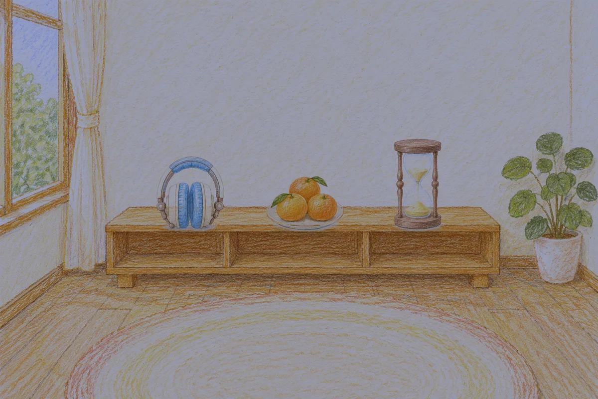 광장동 여성전용 발 케어 안내 그림, 밤의 창가 낮은 선반 위에 놓인 헤드폰, 귤이 담긴 접시, 모래시계