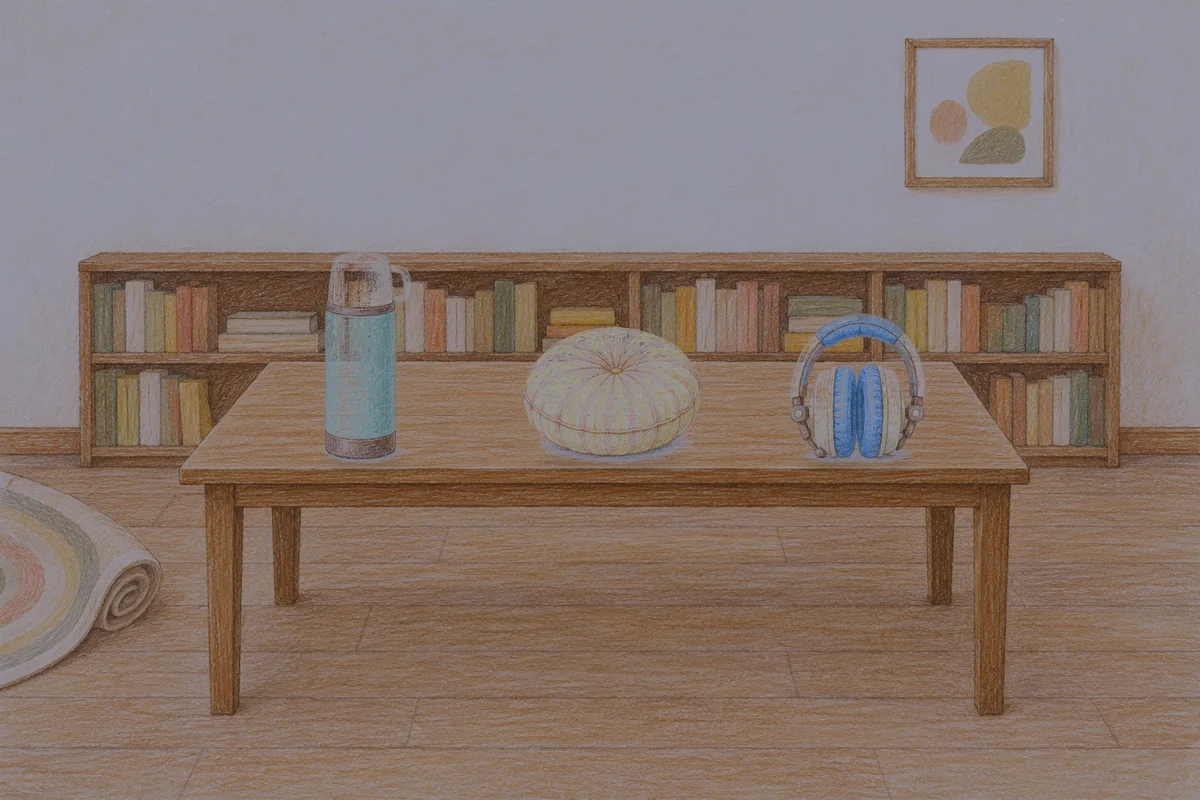 광장동 여성전용 발 부종 케어 안내 그림, 밤의 서재 긴 책상 위에 놓인 보온병, 둥근 쿠션, 헤드폰