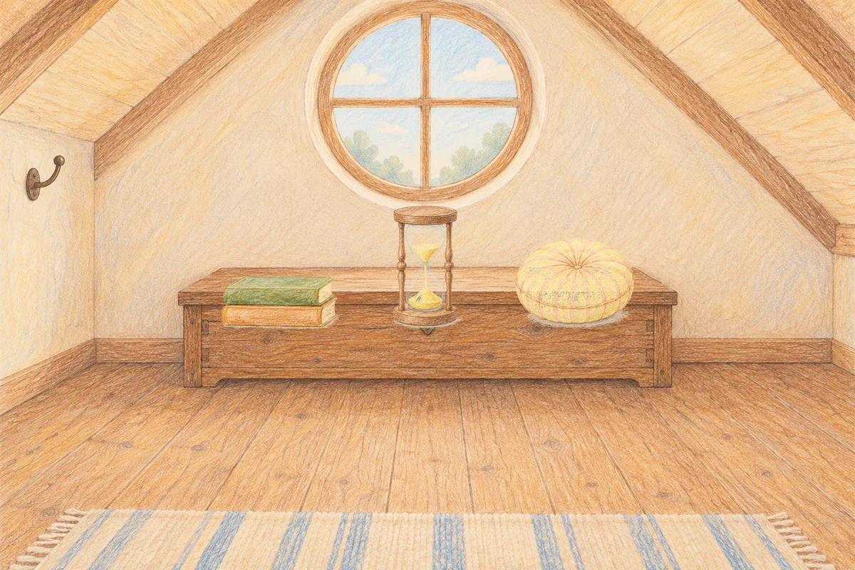 광장동 여성전용 림프 마사지 안내 그림, 낮의 다락방 나무 궤짝 위에 놓인 책 두 권, 모래시계, 둥근 쿠션
