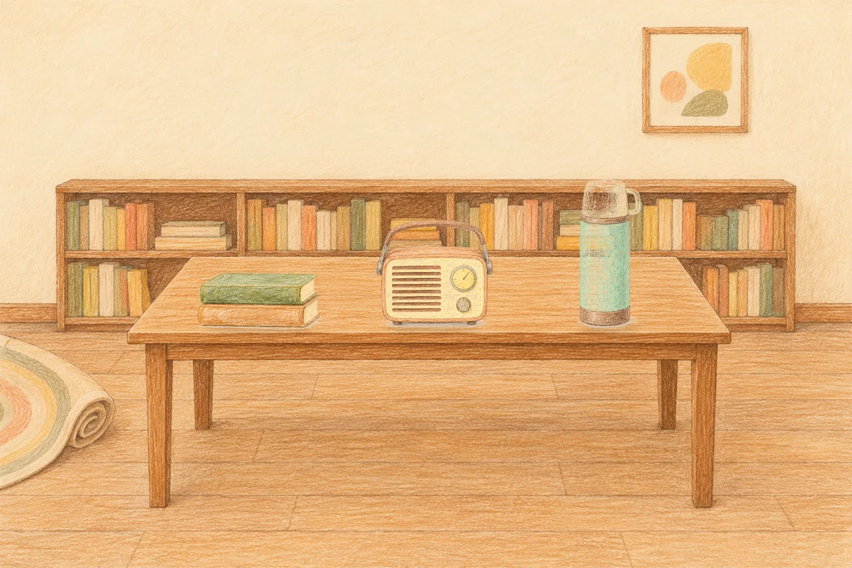 광장동 여성전용 부종 케어 안내 그림, 낮의 서재 긴 책상 위에 놓인 책 두 권, 작은 라디오, 보온병