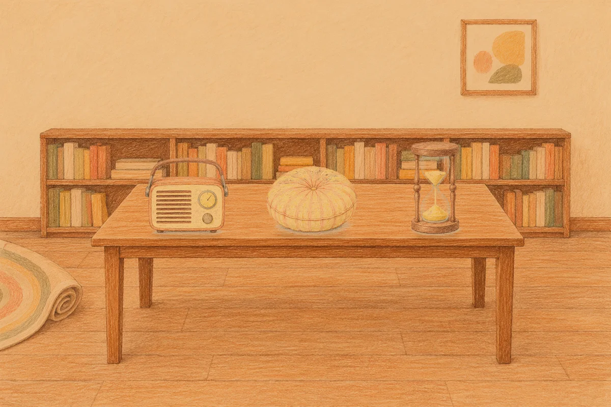 광장동 여성전용 바디 케어 안내 그림, 저녁의 서재 긴 책상 위에 놓인 작은 라디오, 둥근 쿠션, 모래시계