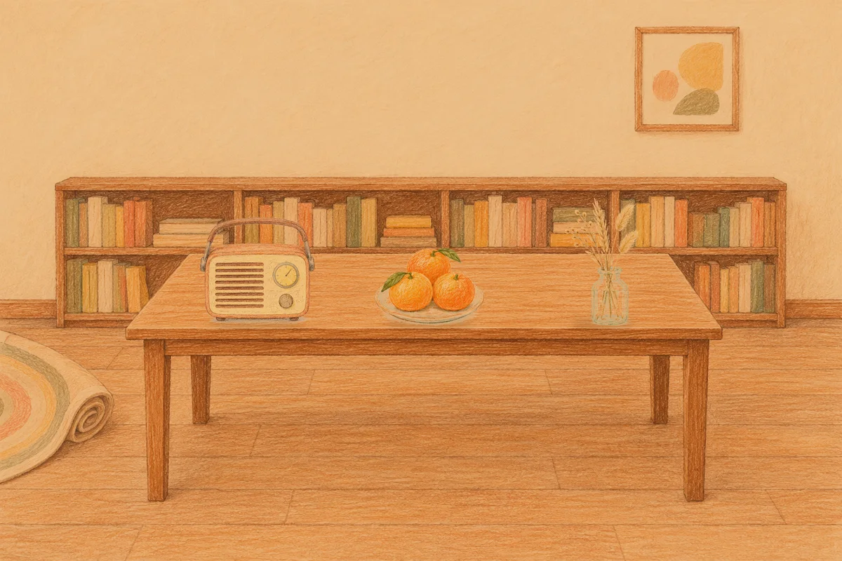 광장동 여성전용 디톡스 마사지 안내 그림, 저녁의 서재 긴 책상 위에 놓인 작은 라디오, 귤이 담긴 접시, 마른 풀을 꽂은 항아리