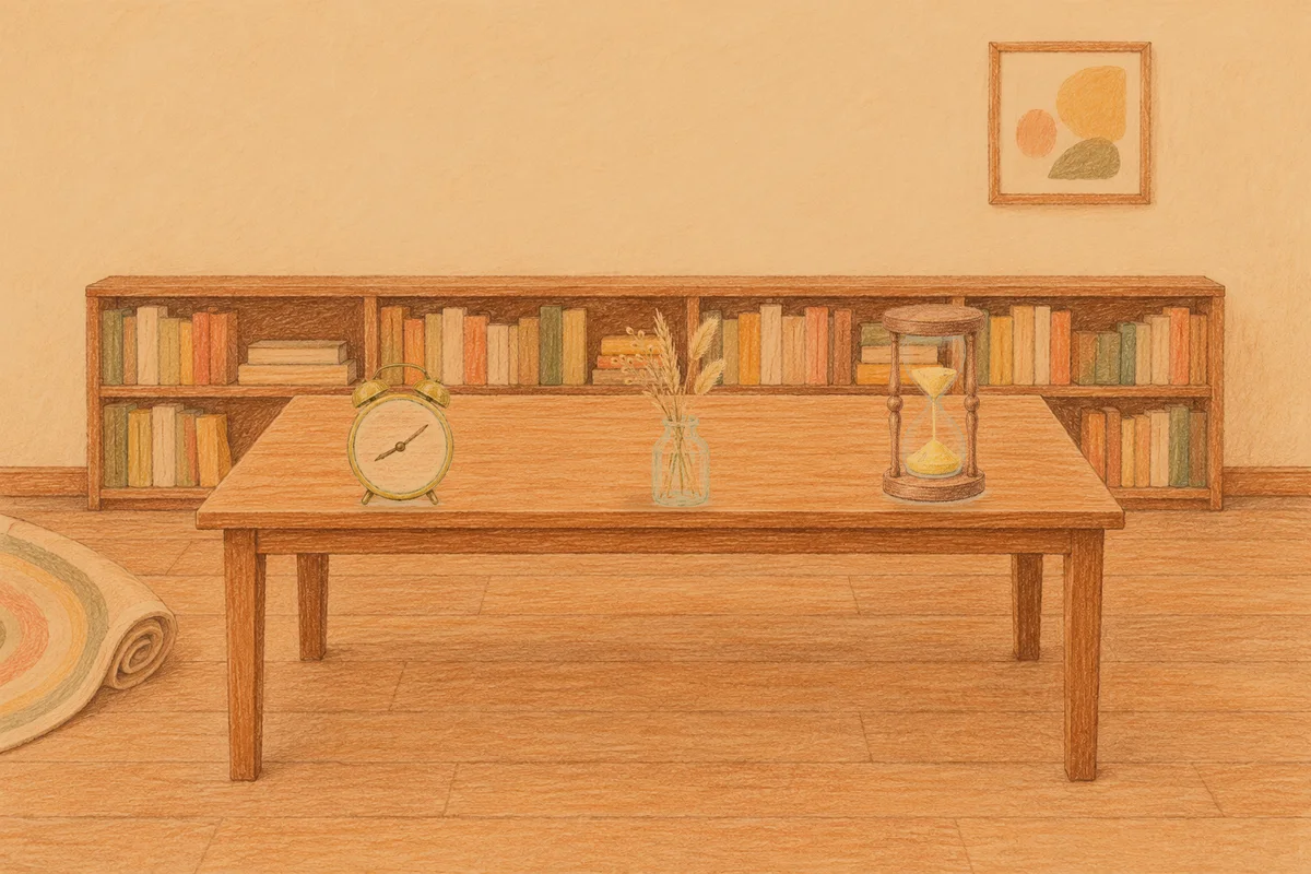 광장동 여성전용 다이어트 마사지 안내 그림, 저녁의 서재 긴 책상 위에 놓인 둥근 알람시계, 마른 풀을 꽂은 항아리, 모래시계