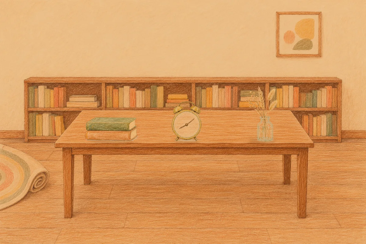 광장동 여성전용 등 마사지 안내 그림, 저녁의 서재 긴 책상 위에 놓인 책 두 권, 둥근 알람시계, 마른 풀을 꽂은 항아리