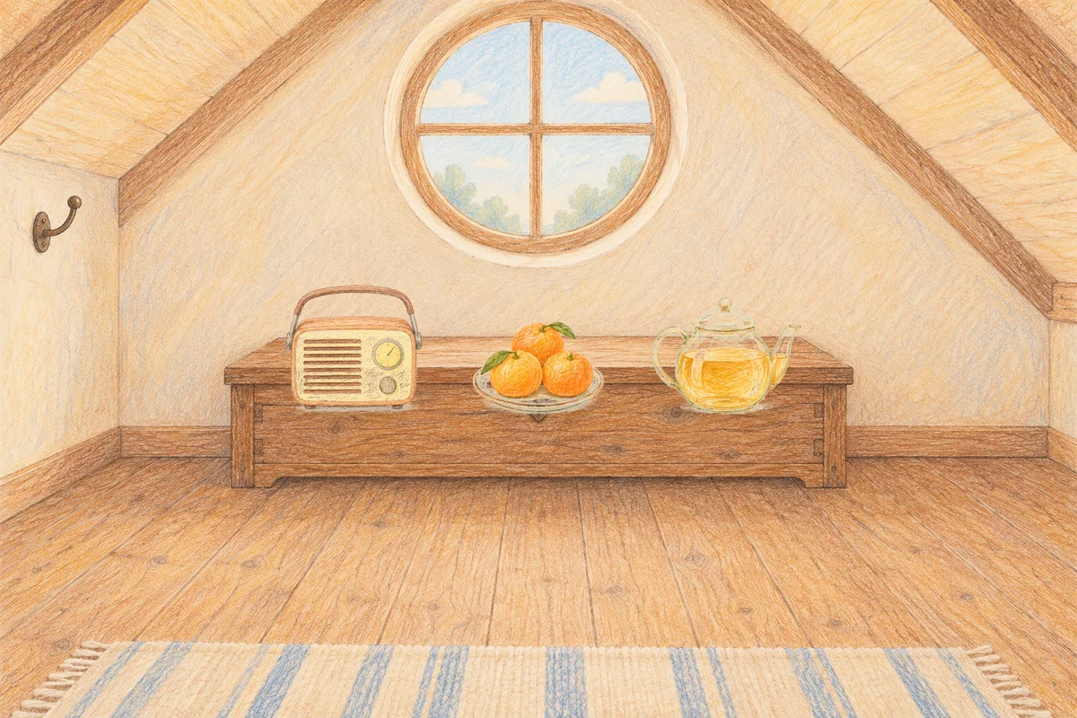 광장동 여성전용 두피 마사지 안내 그림, 낮의 다락방 나무 궤짝 위에 놓인 작은 라디오, 귤이 담긴 접시, 유리 티포트