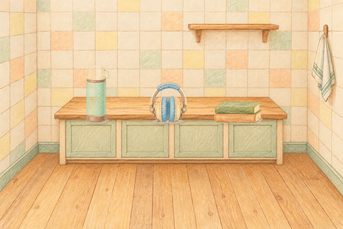 광장동 여성전용 두피 케어 안내 그림, 낮의 부엌 나무 조리대 위에 놓인 보온병, 헤드폰, 책 두 권