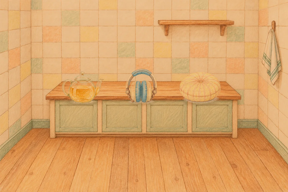광장동 여성전용 어깨 마사지 안내 그림, 저녁의 부엌 나무 조리대 위에 놓인 유리 티포트, 헤드폰, 둥근 쿠션