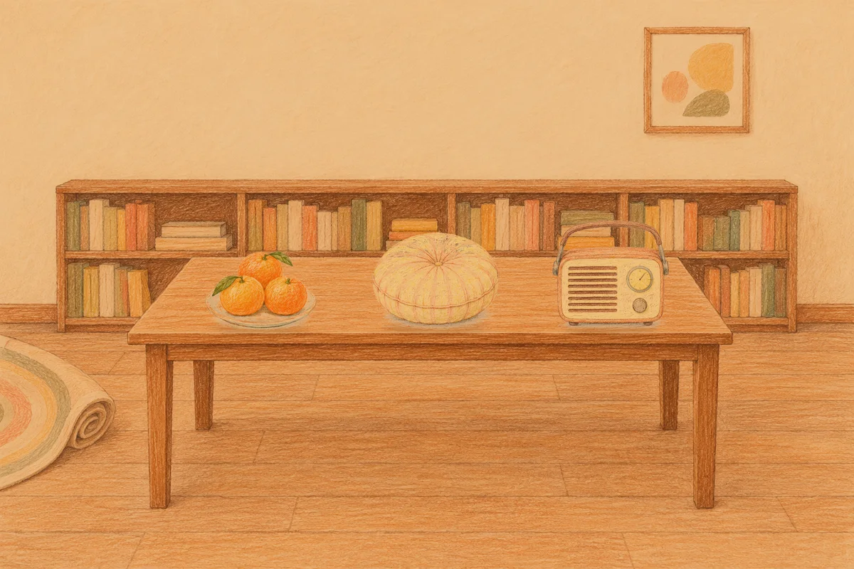 광장동 여성전용 목 어깨 케어 안내 그림, 저녁의 서재 긴 책상 위에 놓인 귤이 담긴 접시, 둥근 쿠션, 작은 라디오