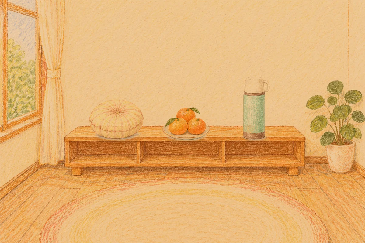광장동 여성전용 수면 케어 안내 그림, 저녁의 창가 낮은 선반 위에 놓인 둥근 쿠션, 귤이 담긴 접시, 보온병