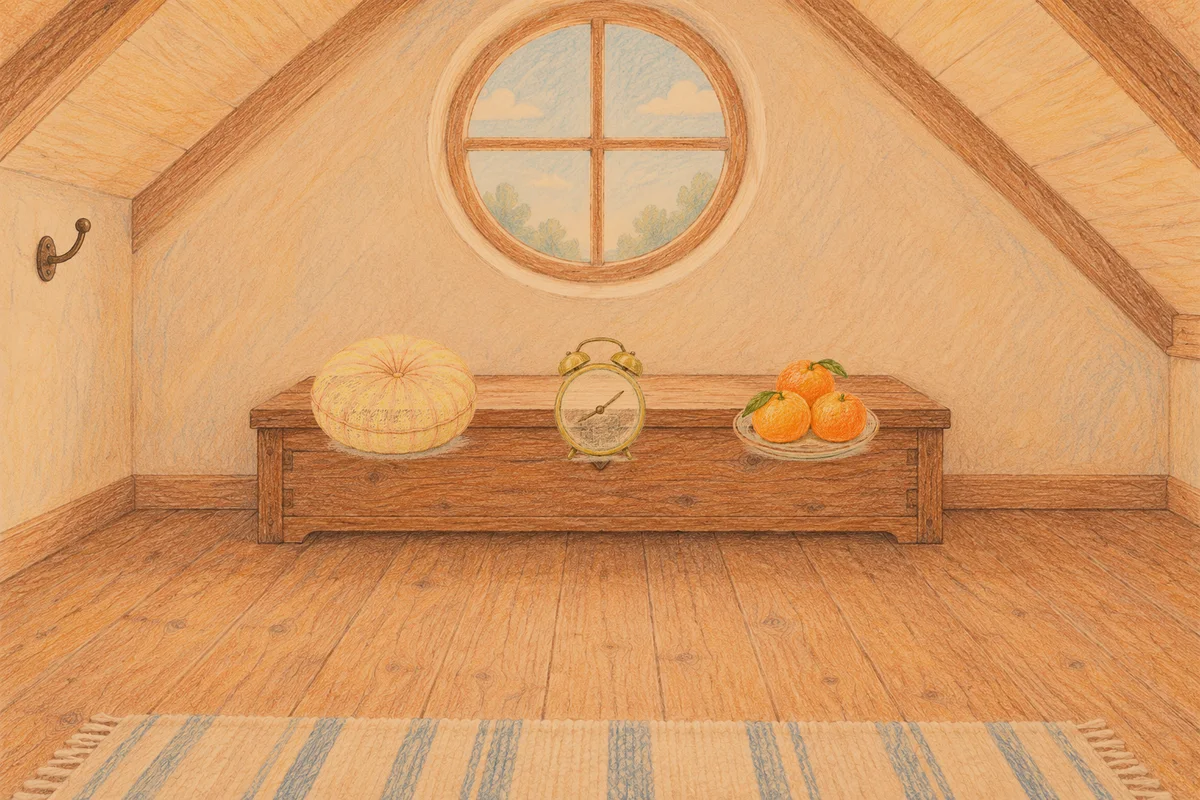 광장동 여성전용 스트레스 케어 안내 그림, 저녁의 다락방 나무 궤짝 위에 놓인 둥근 쿠션, 둥근 알람시계, 귤이 담긴 접시