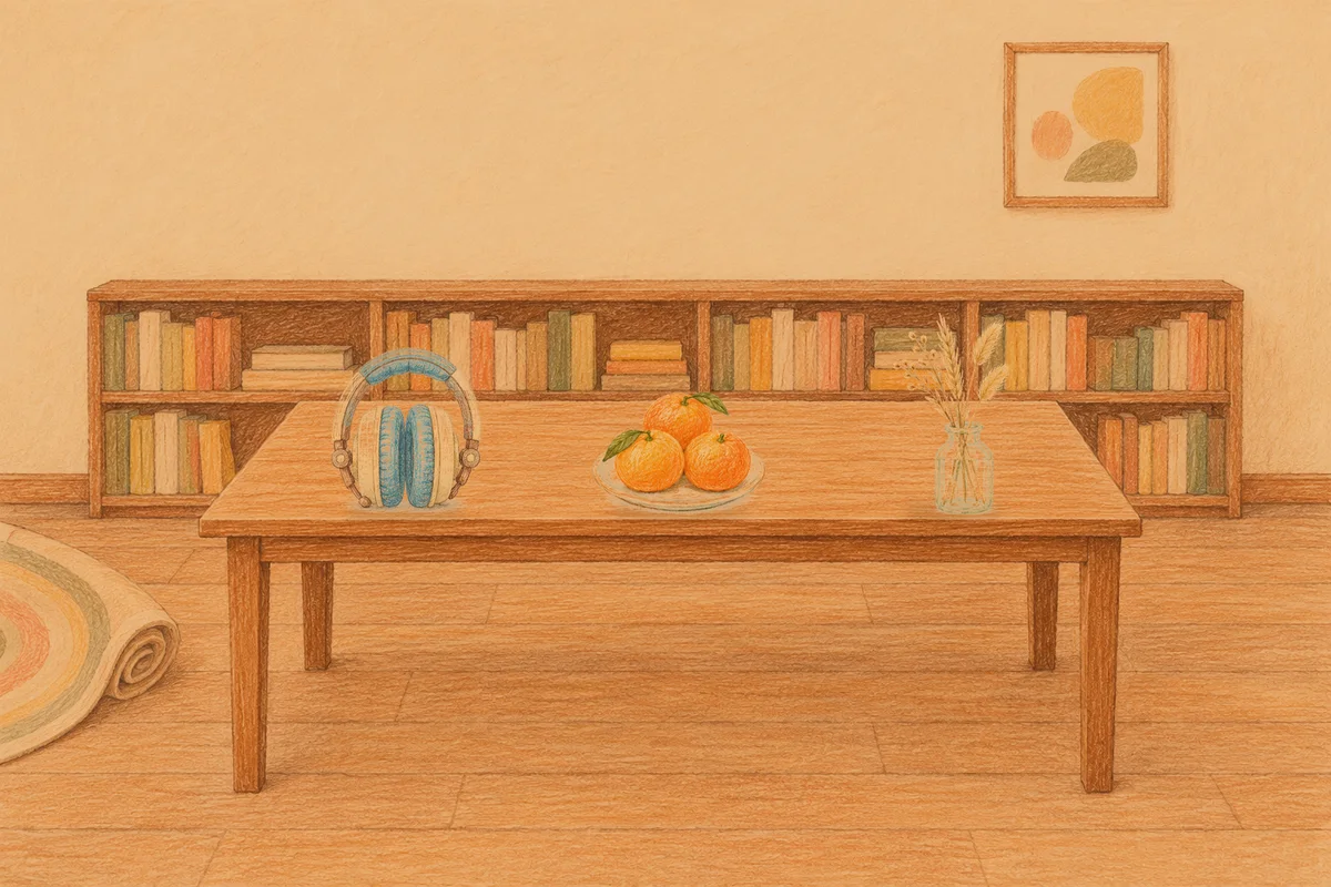 광장동 여성전용 피로 회복 마사지 안내 그림, 저녁의 서재 긴 책상 위에 놓인 헤드폰, 귤이 담긴 접시, 마른 풀을 꽂은 항아리
