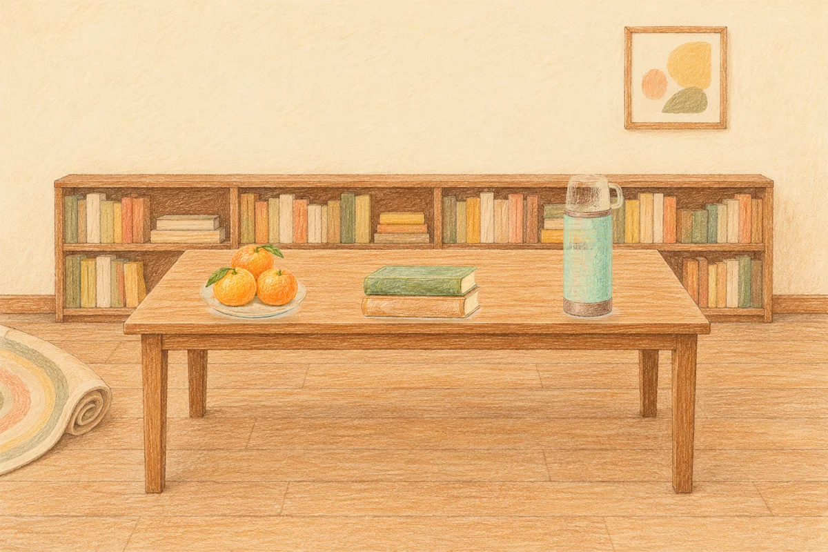 광장동 여성전용 페이셜 마사지 안내 그림, 낮의 서재 긴 책상 위에 놓인 귤이 담긴 접시, 책 두 권, 보온병