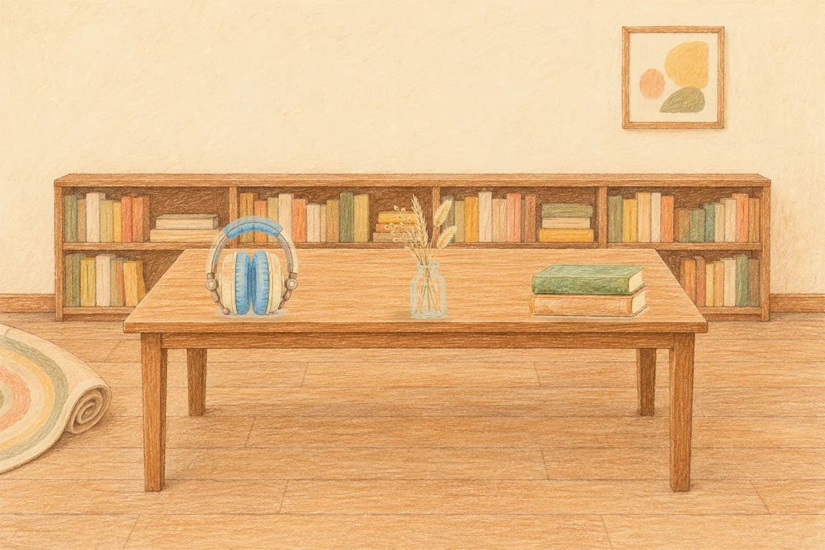 광장동 여성전용 브라이덜 케어 안내 그림, 낮의 서재 긴 책상 위에 놓인 헤드폰, 마른 풀을 꽂은 항아리, 책 두 권