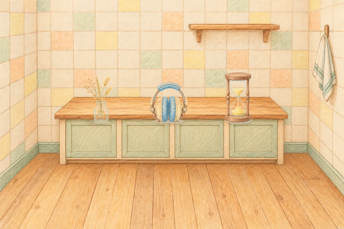 광장동 여성전용 피부 관리 안내 그림, 낮의 부엌 나무 조리대 위에 놓인 마른 풀을 꽂은 항아리, 헤드폰, 모래시계