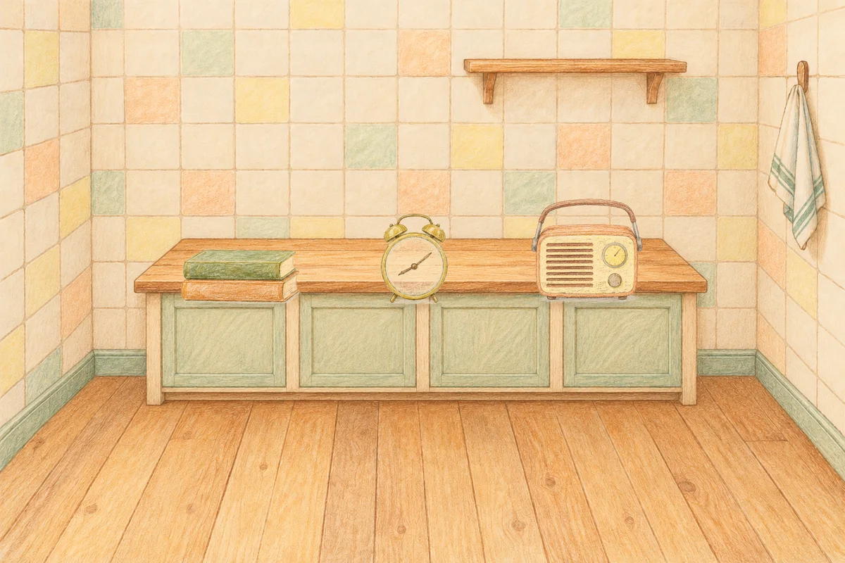광장동 여성전용 샵 마사지 안내 그림, 낮의 부엌 나무 조리대 위에 놓인 책 두 권, 둥근 알람시계, 작은 라디오