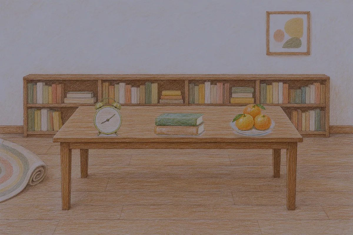 광장동 여성전용 후기 마사지 안내 그림, 밤의 서재 긴 책상 위에 놓인 둥근 알람시계, 책 두 권, 귤이 담긴 접시