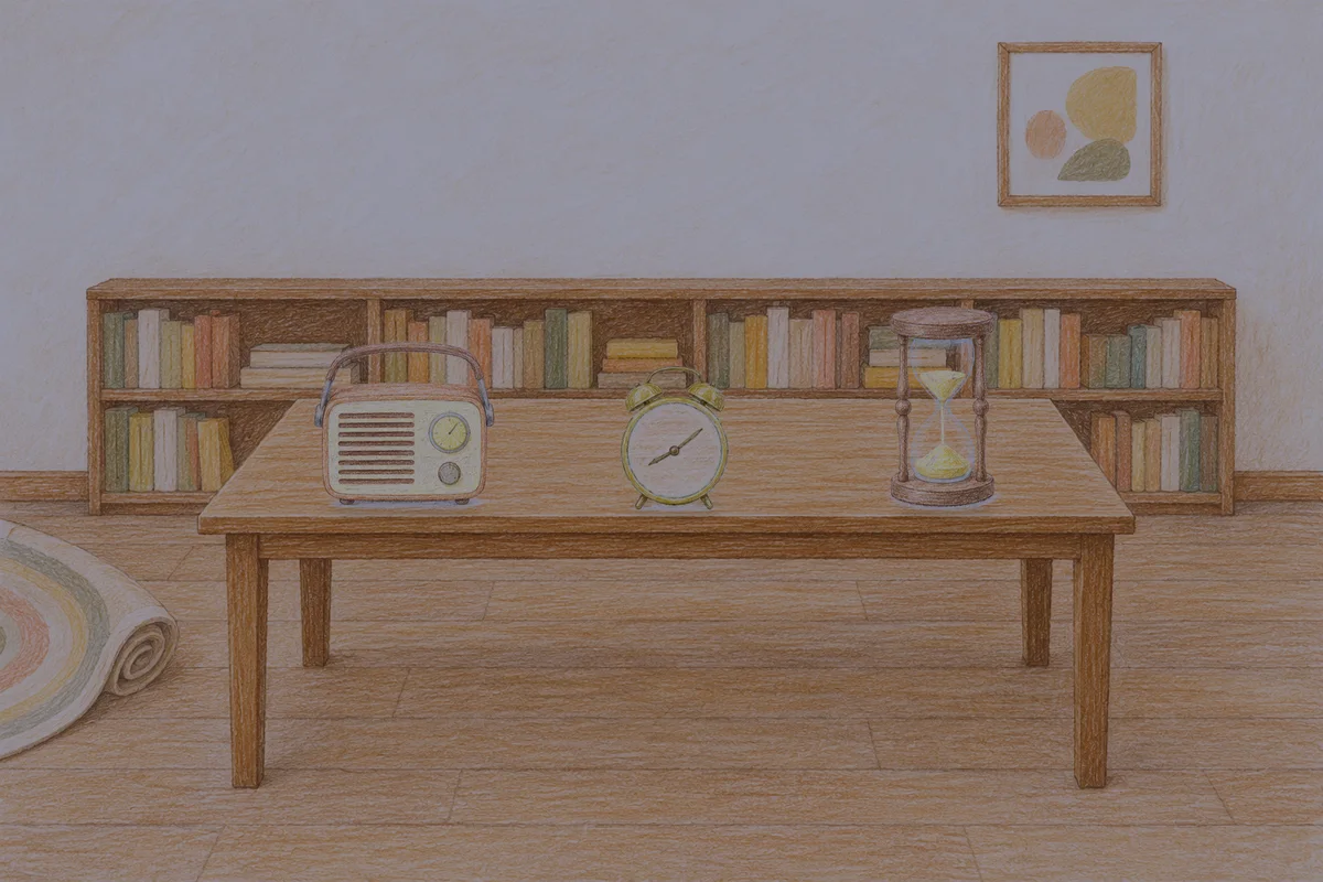 자양동 여성전용 스웨디시 마사지 안내 그림, 밤의 서재 긴 책상 위에 놓인 작은 라디오, 둥근 알람시계, 모래시계