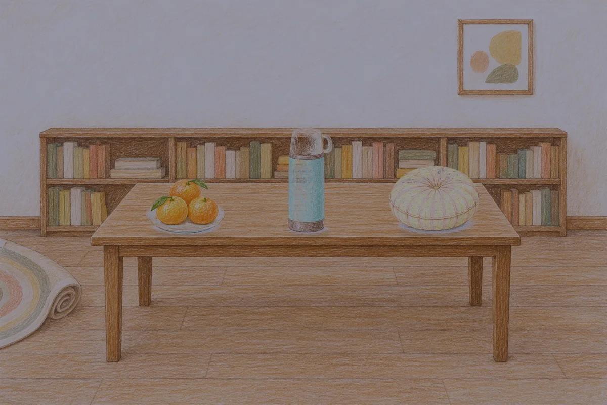 자양동 여성전용 아로마 마사지 안내 그림, 밤의 서재 긴 책상 위에 놓인 귤이 담긴 접시, 보온병, 둥근 쿠션