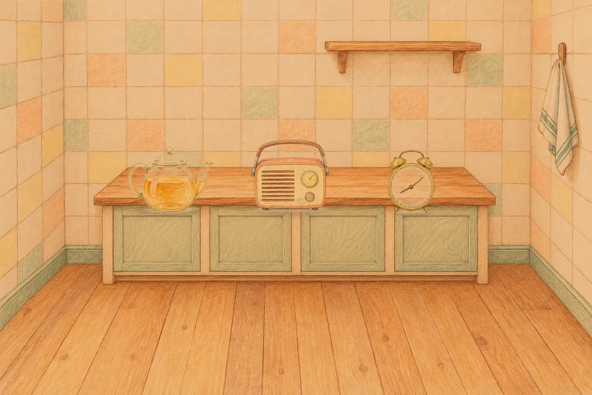 자양동 여성전용 아로마 마사지 후기 안내 그림, 저녁의 부엌 나무 조리대 위에 놓인 유리 티포트, 작은 라디오, 둥근 알람시계