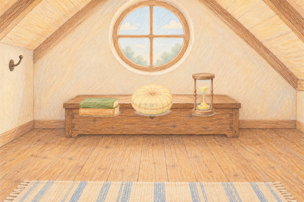 자양동 여성전용 아로마 가격 안내 그림, 낮의 다락방 나무 궤짝 위에 놓인 책 두 권, 둥근 쿠션, 모래시계