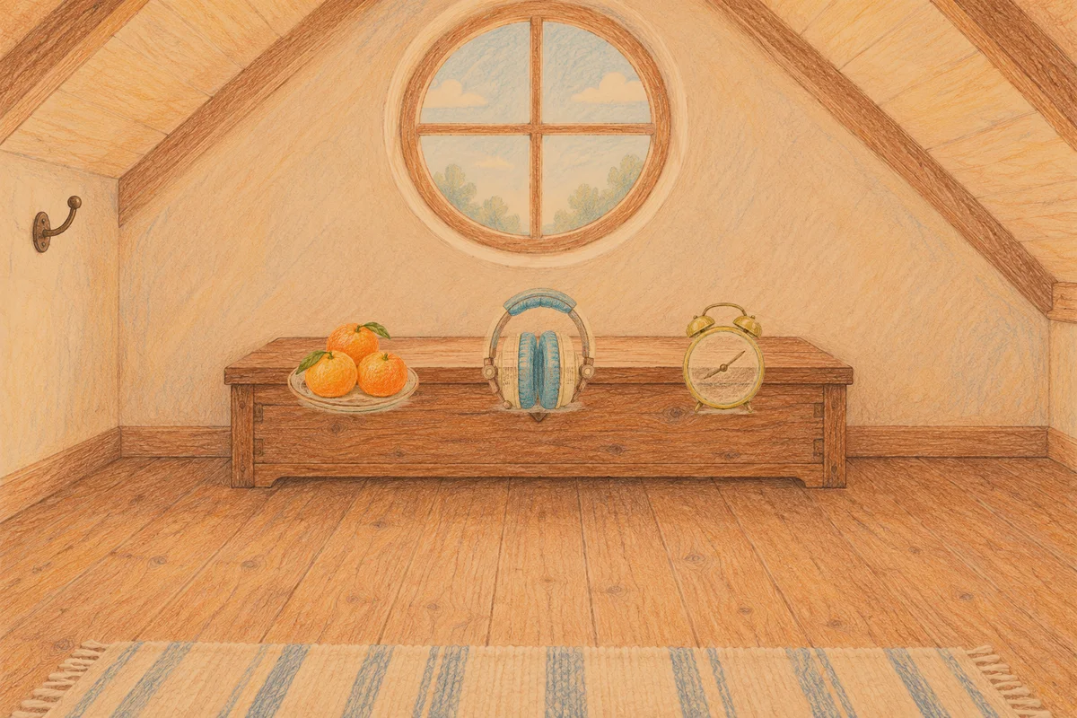 자양동 여성전용 아로마 추천 안내 그림, 저녁의 다락방 나무 궤짝 위에 놓인 귤이 담긴 접시, 헤드폰, 둥근 알람시계