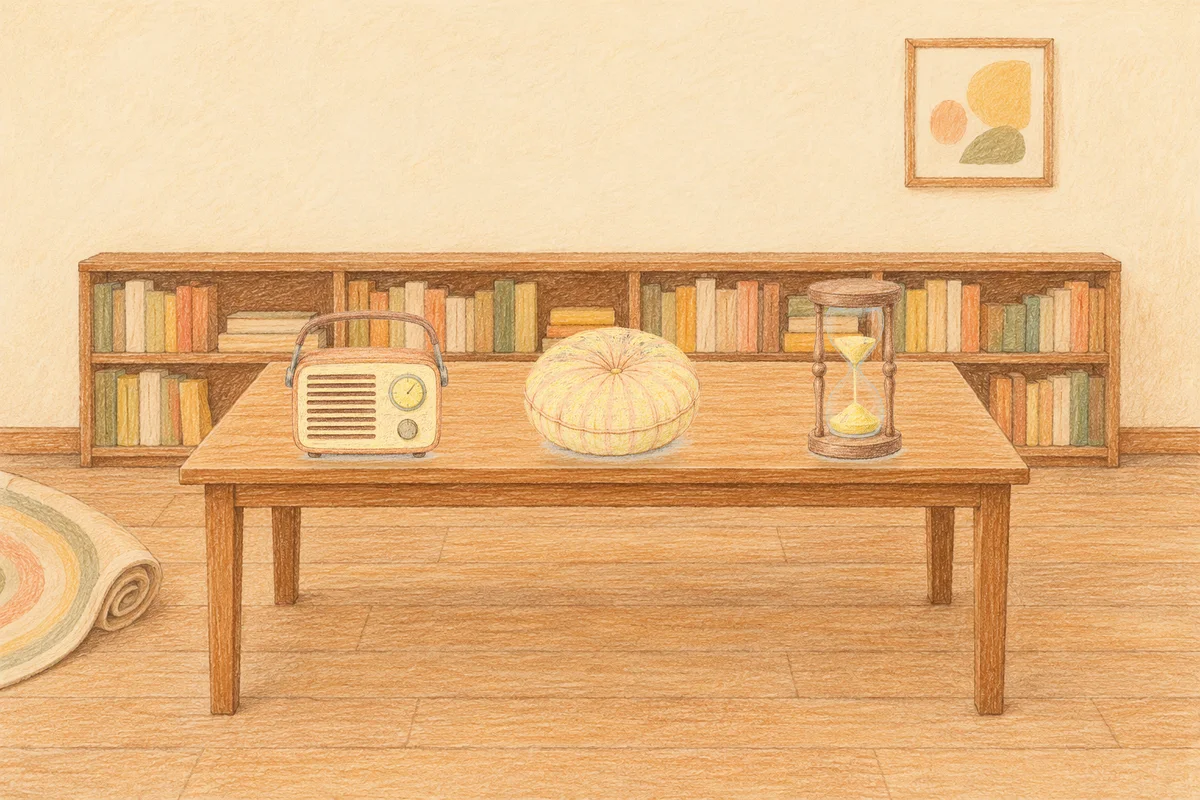 자양동 여성전용 경락 가격 안내 그림, 낮의 서재 긴 책상 위에 놓인 작은 라디오, 둥근 쿠션, 모래시계