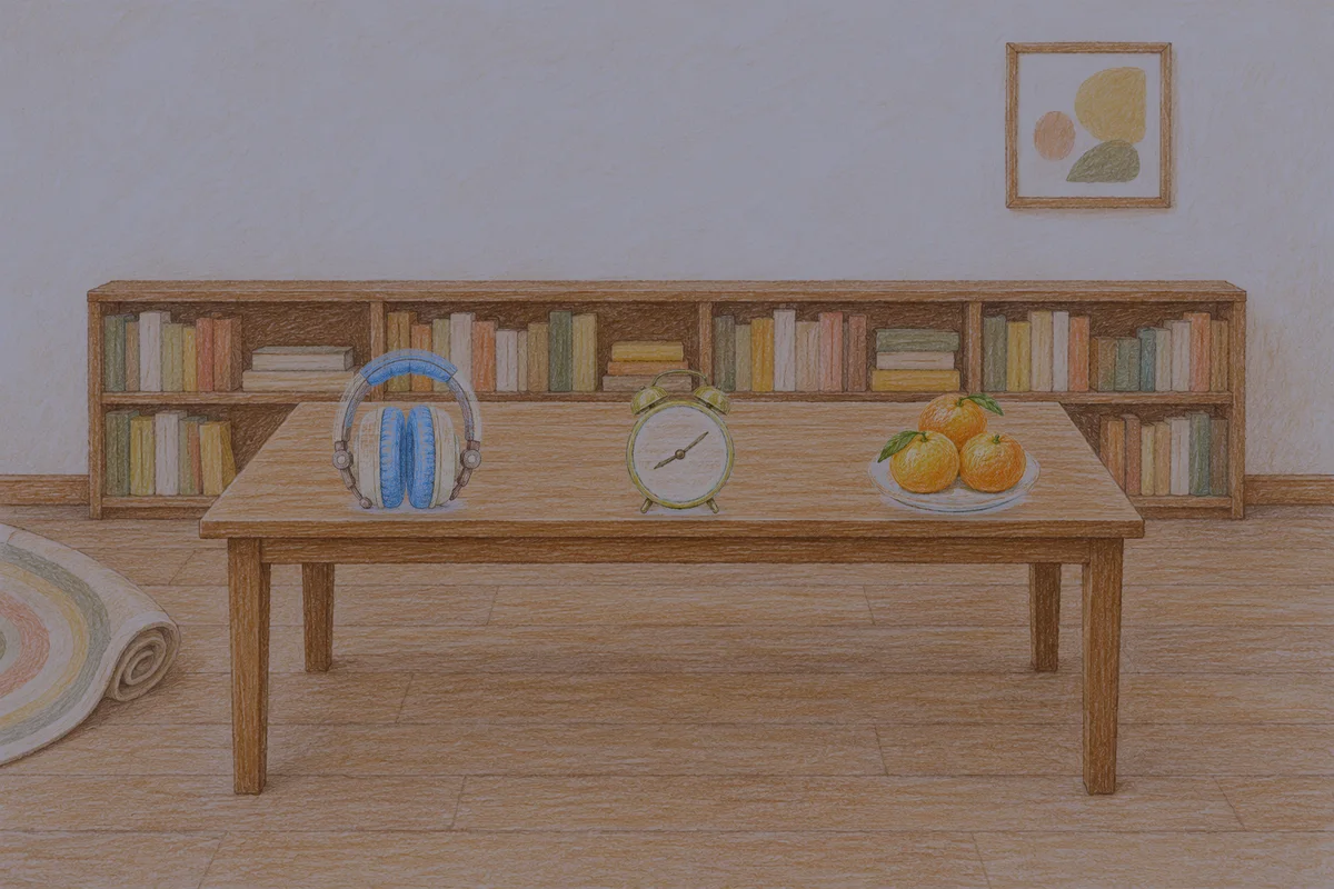 자양동 여성전용 방문 홈케어 안내 그림, 밤의 서재 긴 책상 위에 놓인 헤드폰, 둥근 알람시계, 귤이 담긴 접시