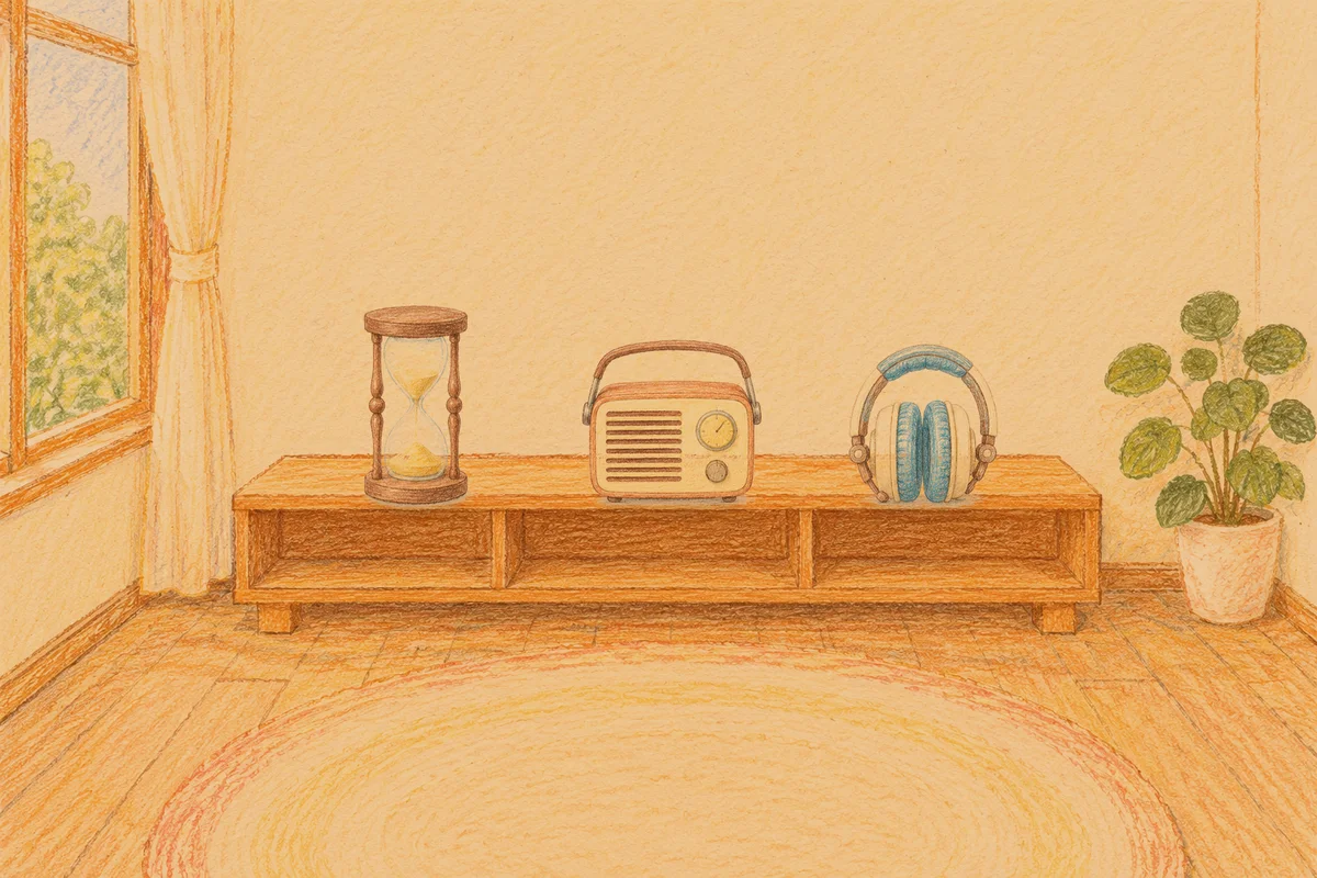 자양동 여성전용 1인샵 안내 그림, 저녁의 창가 낮은 선반 위에 놓인 모래시계, 작은 라디오, 헤드폰