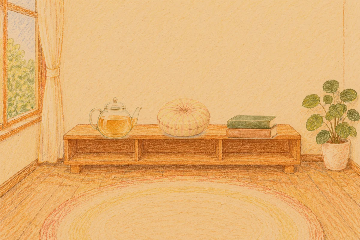 자양동 여성전용 발 부종 케어 안내 그림, 저녁의 창가 낮은 선반 위에 놓인 유리 티포트, 둥근 쿠션, 책 두 권